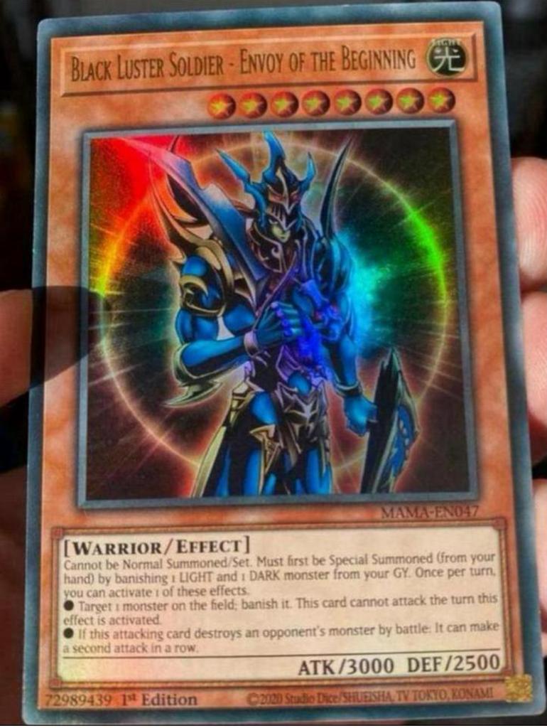 Yu-Gi-Oh! Black Luster Soldier Envoy of the Beginning MAMA !, Ophalen of Verzenden, Gebruikt, Losse kaart, Foil