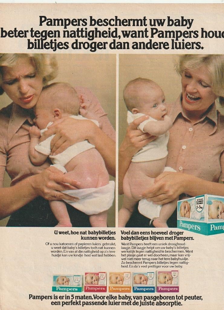 Retro reclame 1979 Pampers baby luiers geen natte billen, Verzenden, Overige typen