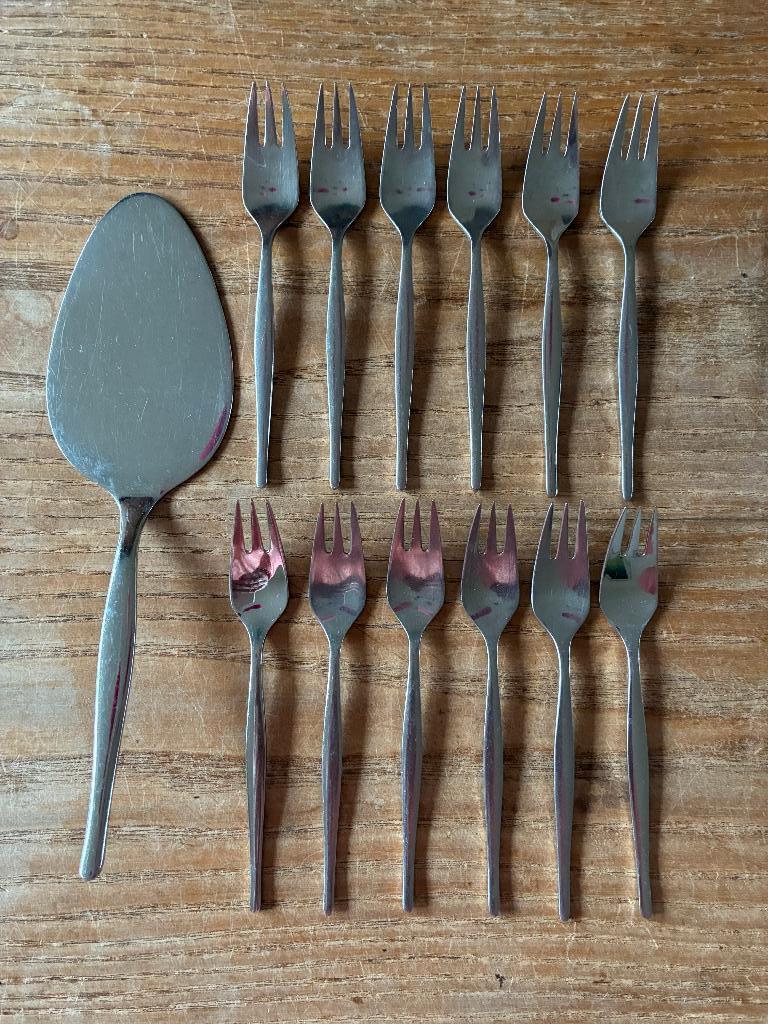 12 Vintage Gero Zilduro 730 gebaksvorkjes + taartschep, Ophalen of Verzenden