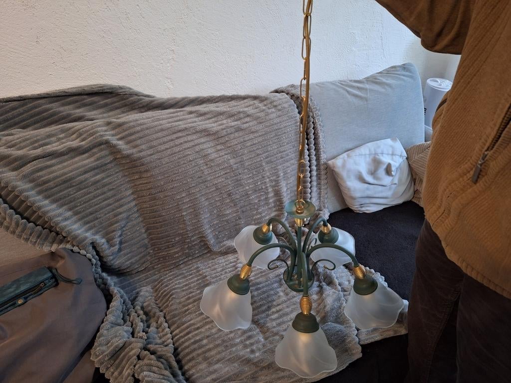 Groene hanglamp met glazen bloemen, Gebruikt, Onbekend, Ophalen of Verzenden, Onbekend