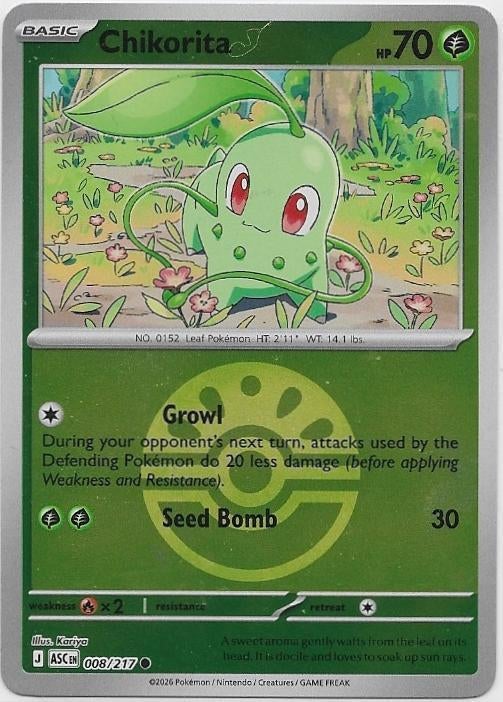 Ascended Heroes,  Chikorita [rev. ball] 8/217, Ophalen of Verzenden, Nieuw, Losse kaart