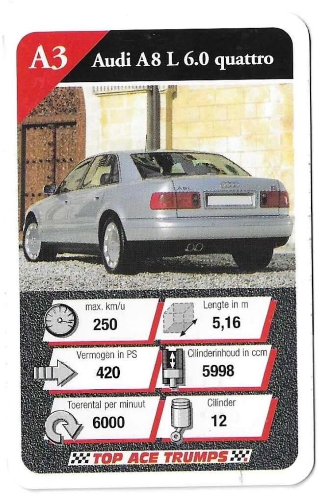 Kwartetkaart Audi A8 L 6.0 quattro, Verzamelen, Ophalen of Verzenden, Zo goed als nieuw, Auto's