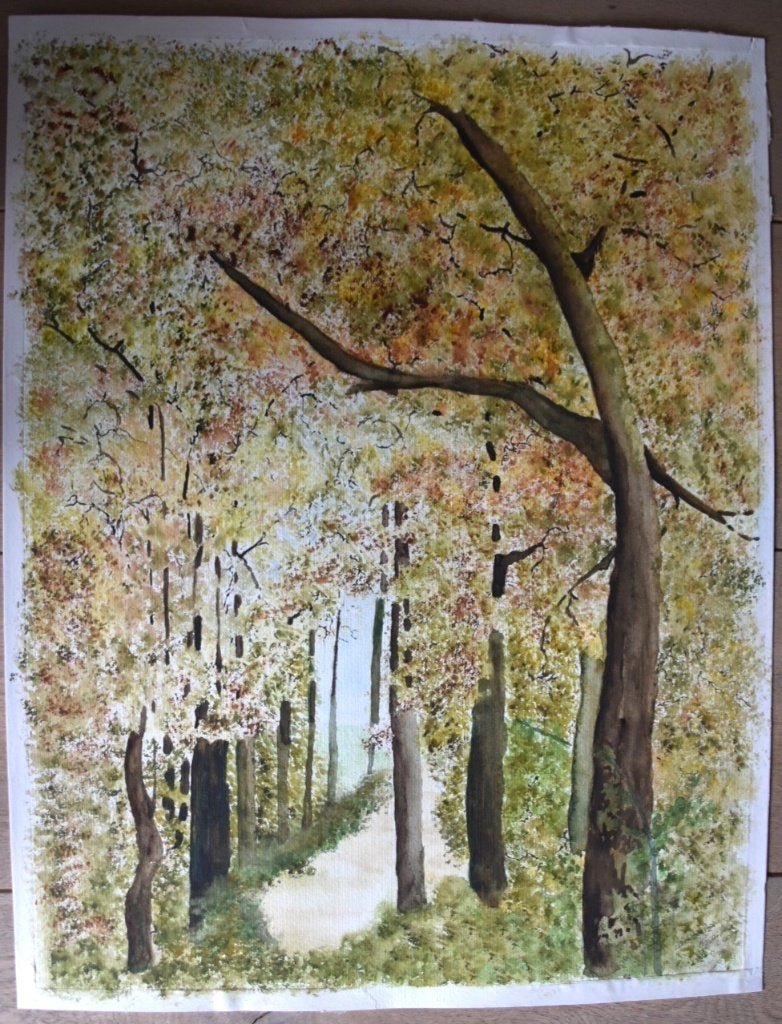 Sfeervolle Aquarel: Bospad in Herfstkleuren (65x50 cm), Antiek en Kunst, Ophalen, Realistisch, Landschap, Aquarel