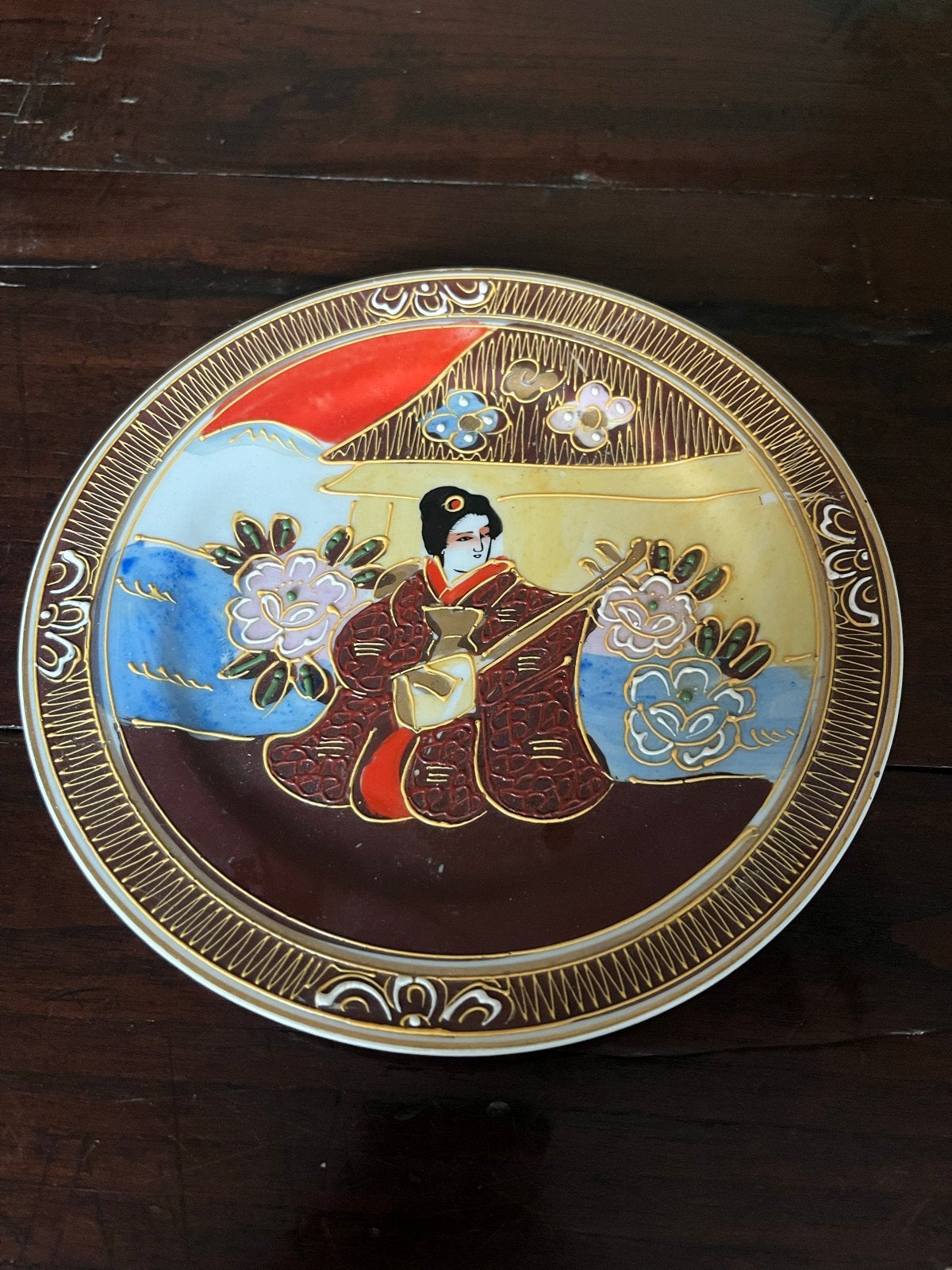 Vintage Japans decoratief bord met Geisha en berg, Antiek en Kunst, Ophalen of Verzenden