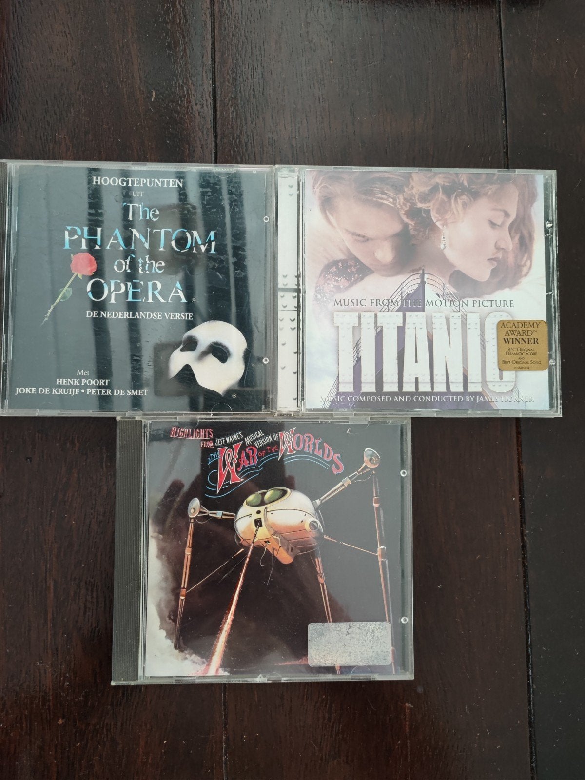 CD's: The Phantom of the Opera, Titanic, War of the Worlds, Gebruikt, Soundtrack, Inclusief doosje, Ophalen of Verzenden