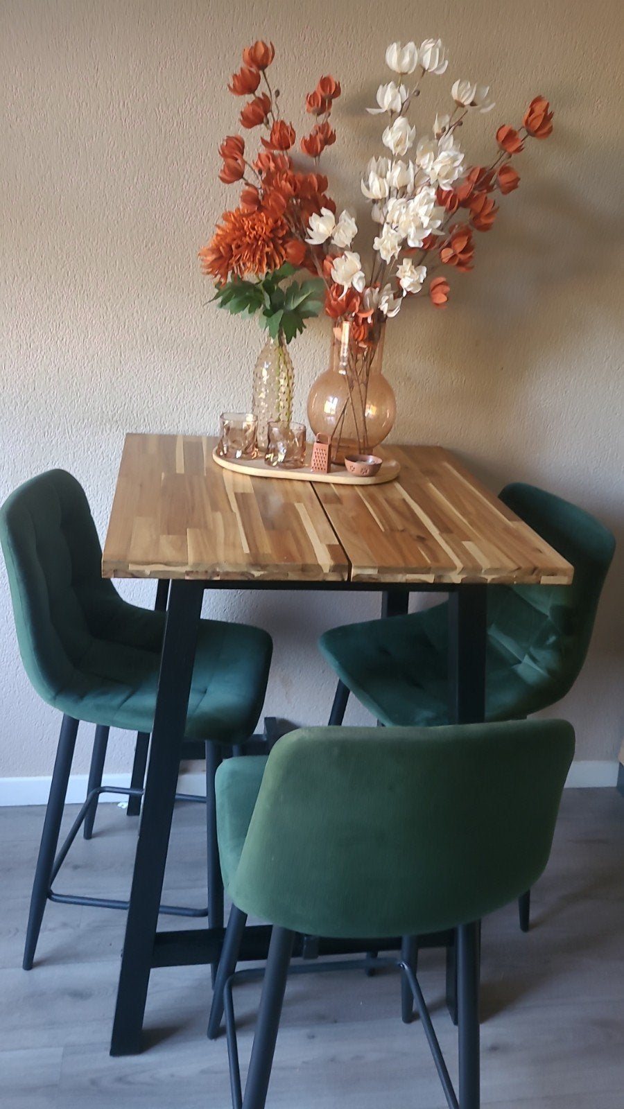 Bartafel met 3 velvet barkrukken, Ophalen of Verzenden, Zo goed als nieuw