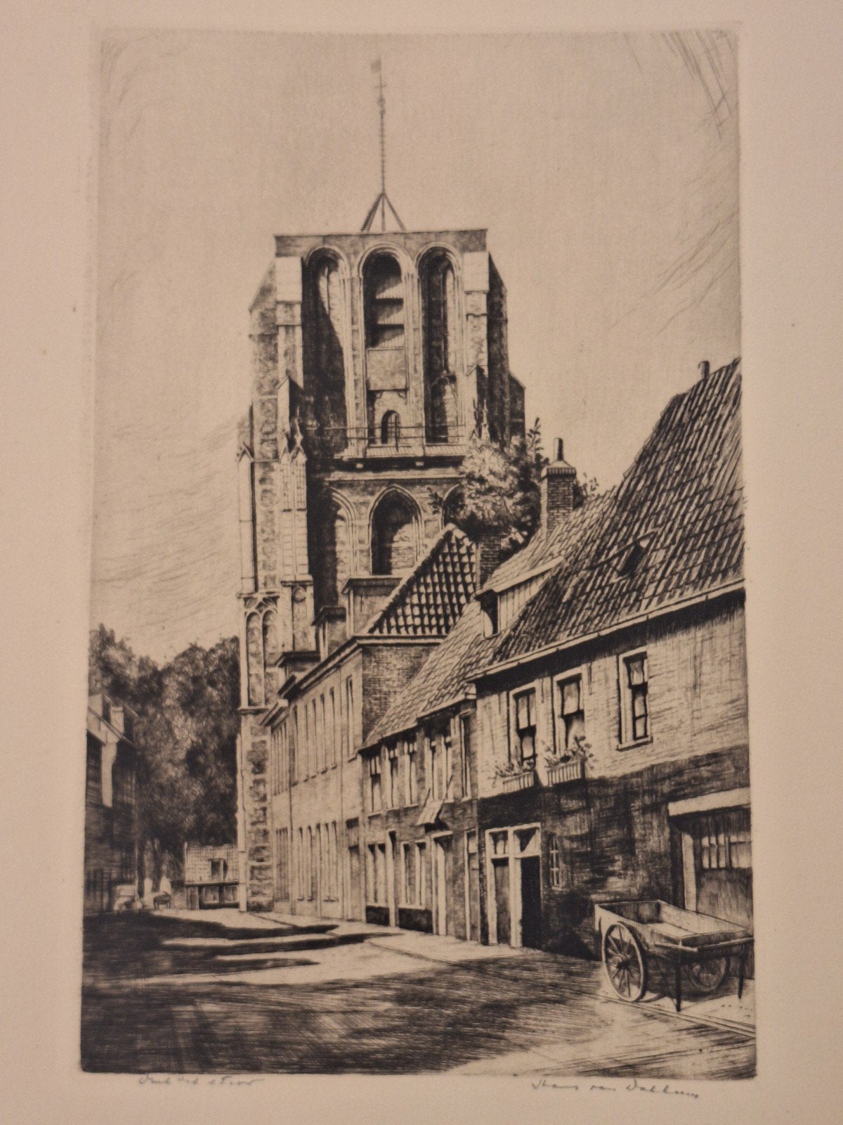 Ets Leeuwarden door Hans van Dokkum, Stadsgezicht, Ophalen of Verzenden, Gesigneerd, 1950 - 1999