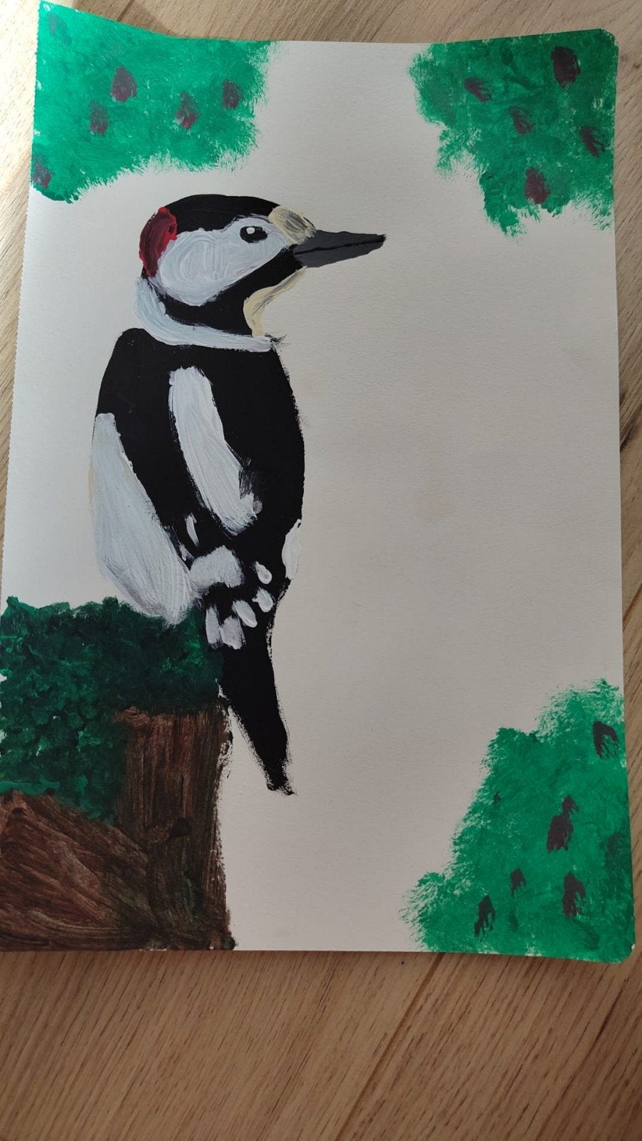 Schilderij Specht op boomstam - Handgeschilderd, Acrylverf, Realistisch, Dieren, Ophalen of Verzenden