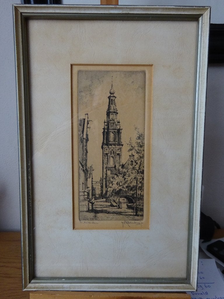 H.E. Roodenburg - Amsterdam - Zuiderkerkstoren, Ingelijst, 28 cm, Ets, Stadsgezicht