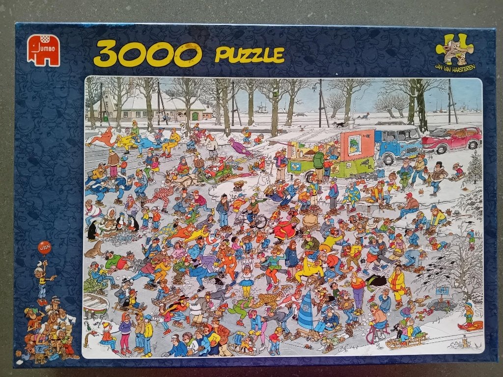 Jan van Haasteeren puzzel "Op glad ijs". 2998 stukjes, Ophalen of Verzenden, Meer dan 1500 stukjes, Gebruikt, Legpuzzel