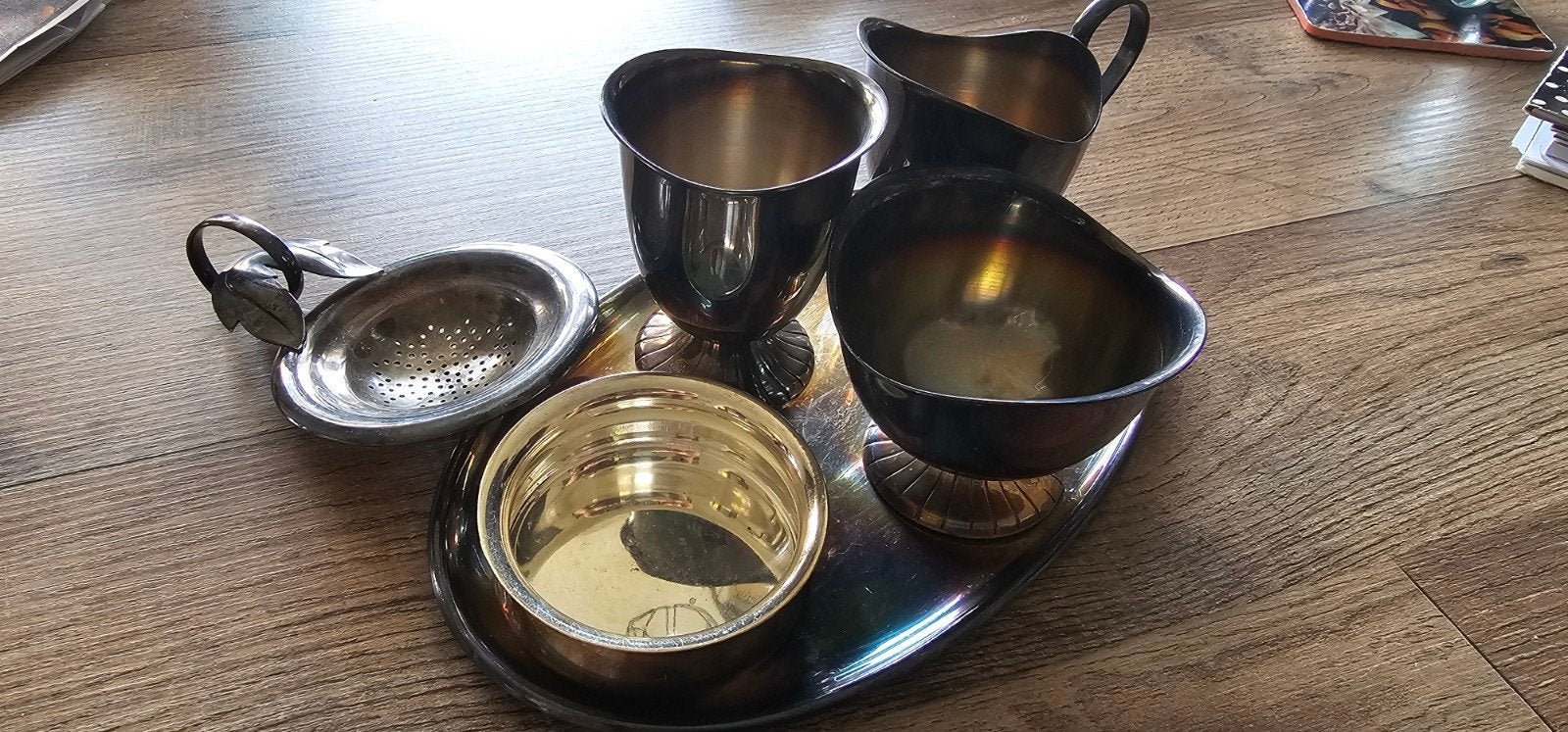 Vintage Zilverkleurig Dienblad met Kommen en Zeef, Antiek en Kunst, Antiek | Goud en Zilver, Ophalen of Verzenden, Zilver