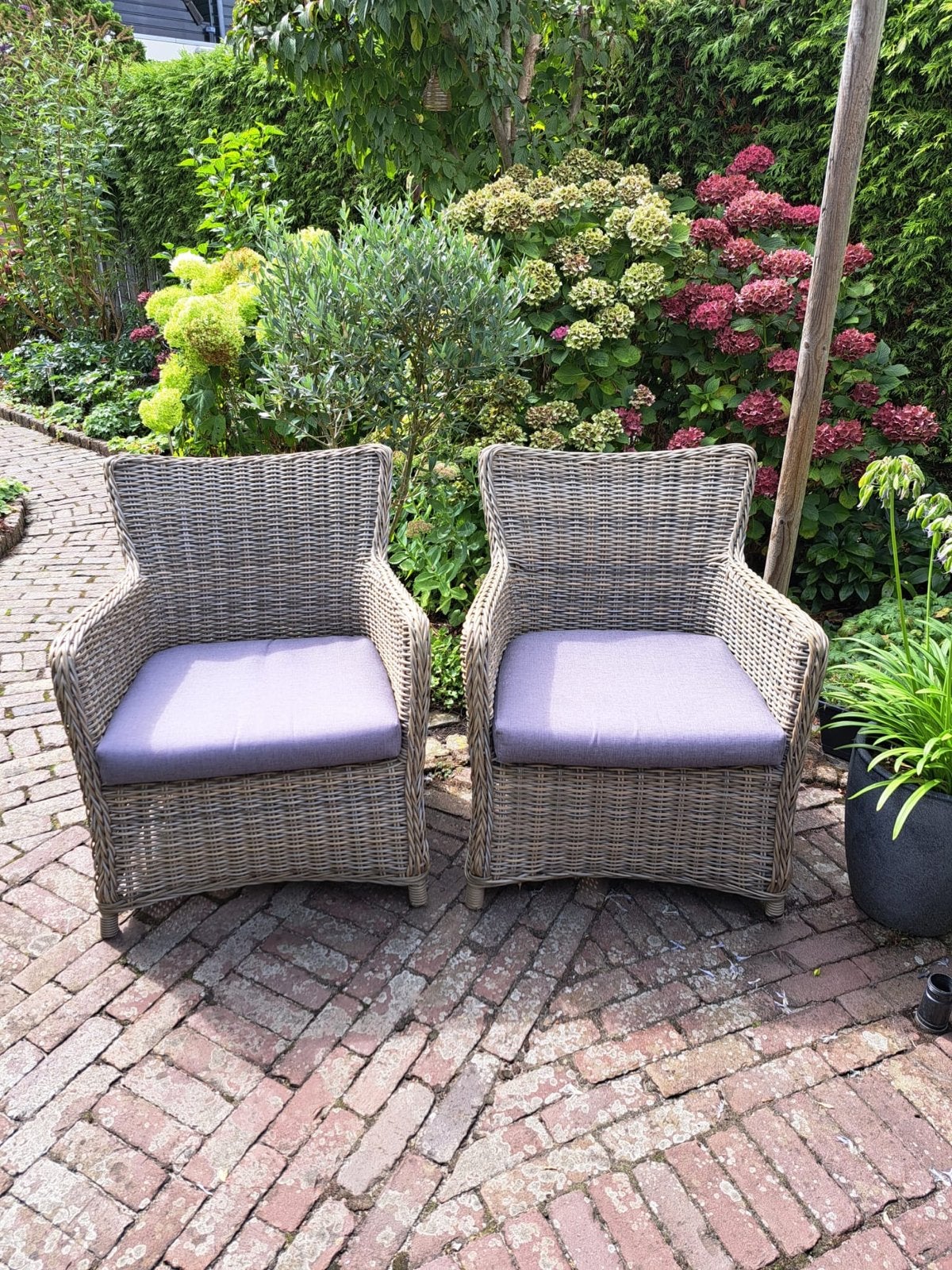 2x Wicker tuinstoelen met kussens, in goede staat, Ophalen, Gebruikt, Wicker