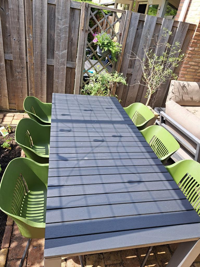 Mooie tuinset: stevige tafel (210x90) met 6 Hartman stoelen, Tuin en Terras, Tuinsets en Loungesets, Ophalen, Kunststof, Gebruikt