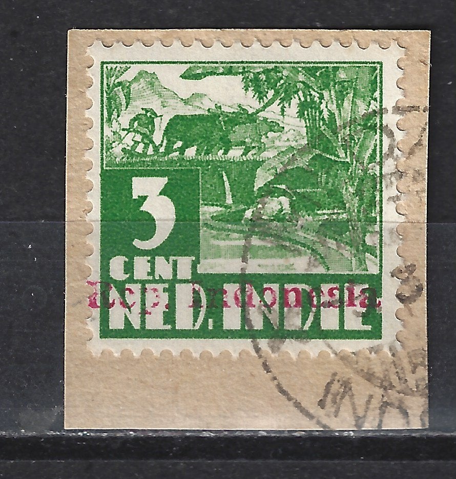 Sumatra opdruk REP INDONESIA 213r op 18a JAPANSE BEZETTING, Postzegels en Munten, Ophalen of Verzenden, Gestempeld, Nederlands-Indië
