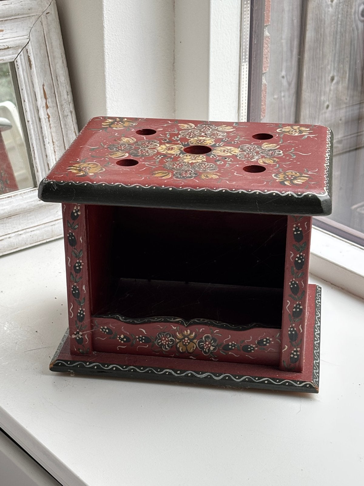 Antieke houten bloemenhouder met handgeschilderde decoratie, Antiek en Kunst, Ophalen of Verzenden