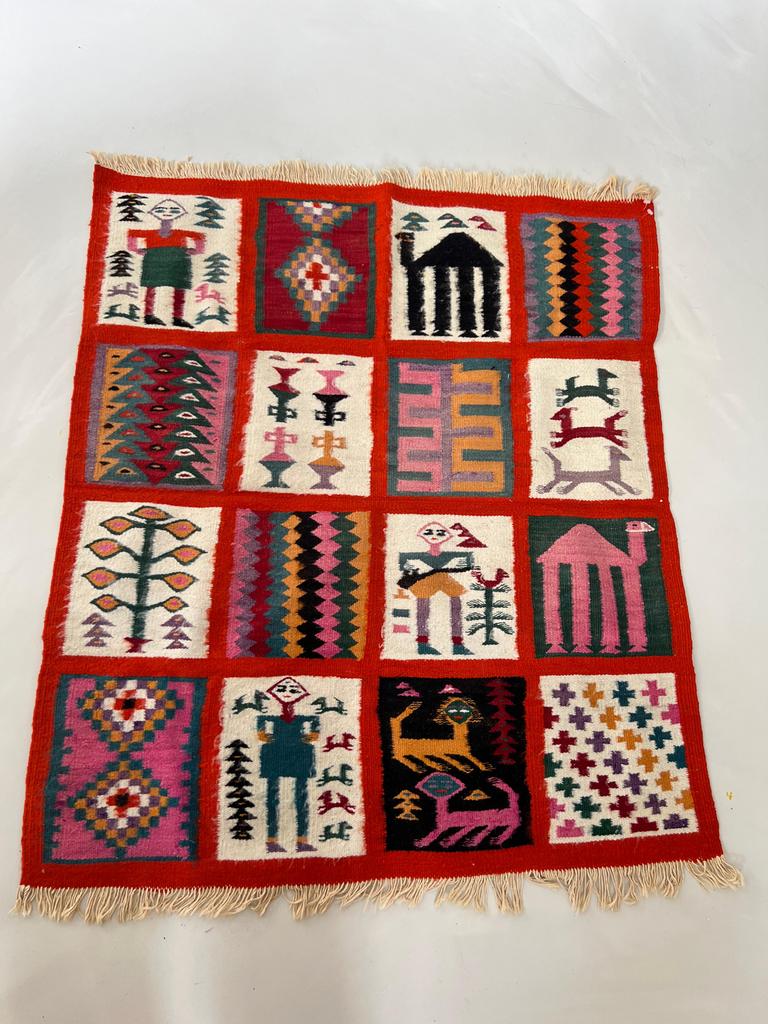 Vintage Tunesisch wollen wandtapijt - rood met geometrie, Gebruikt, 100 tot 150 cm, Rechthoekig, Rood
