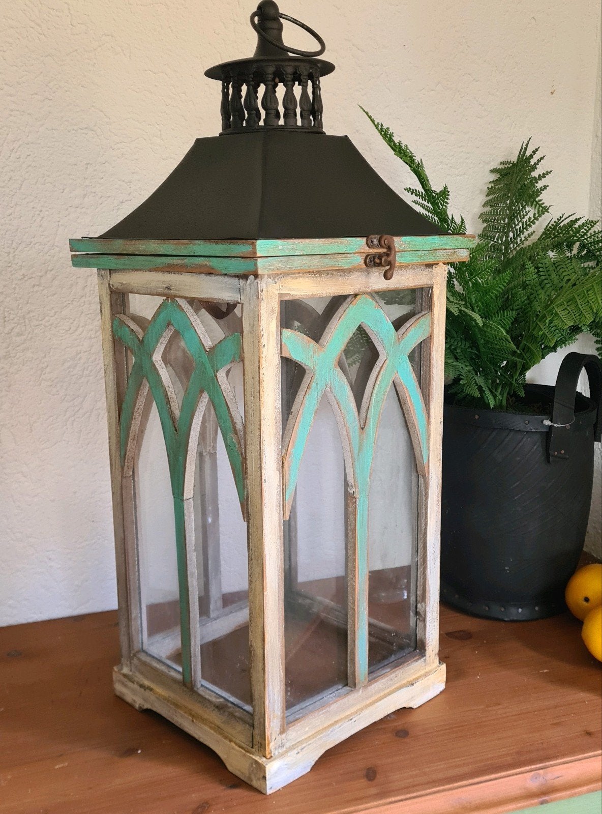 XL lantaarn windlicht vitrine 65 cm ibiza beach turquoise, Wit, Ophalen of Verzenden, Zo goed als nieuw, Kandelaar