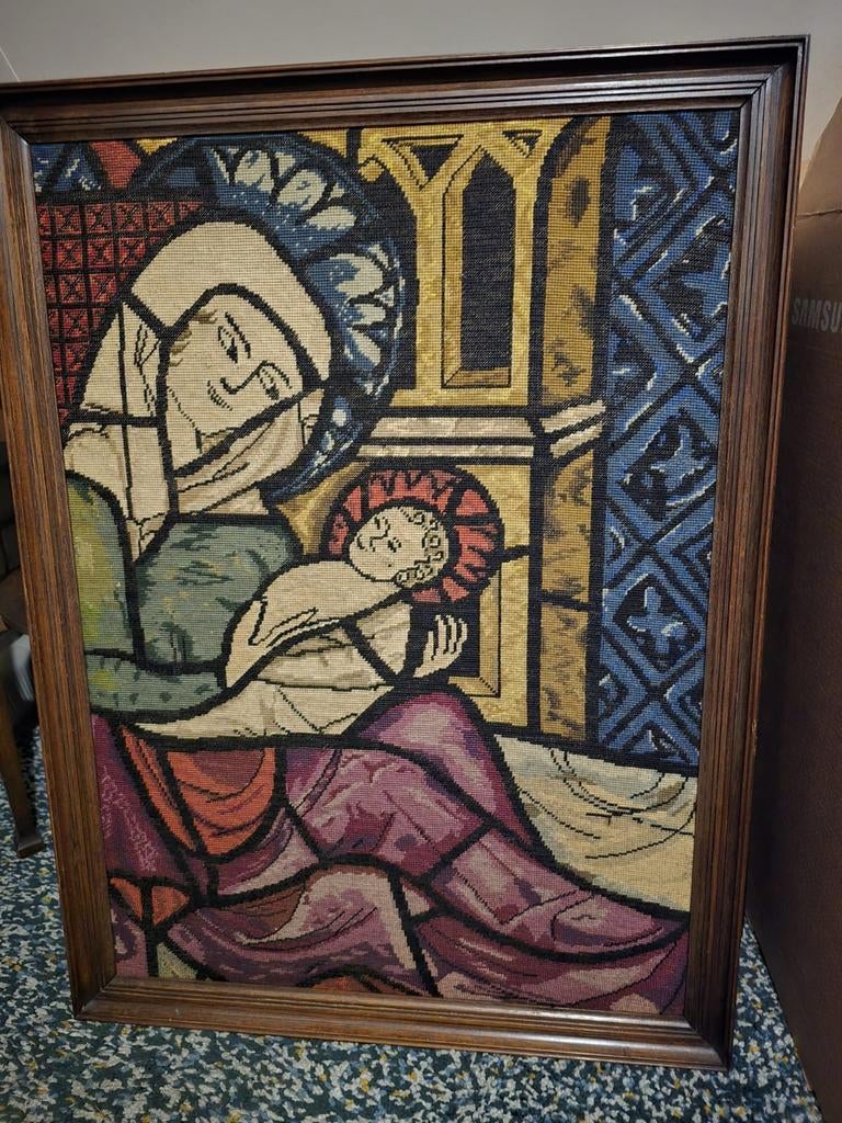 Geborduurd schilderij. Maria met kind., Antiek en Kunst, Antiek | Religie, Ophalen