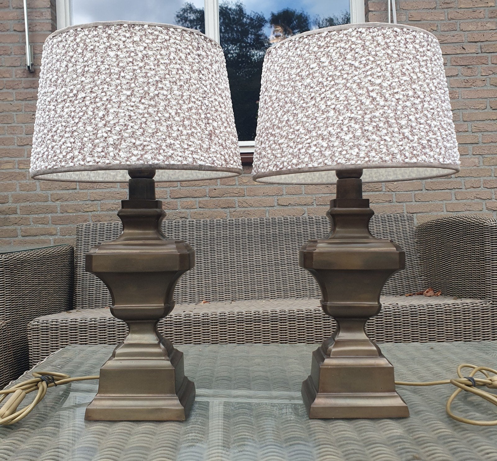 Prachtige Zware Set Jan Frantzen Messing Tafellampen, Overige materialen, Vintage, 54 cm, Met kap