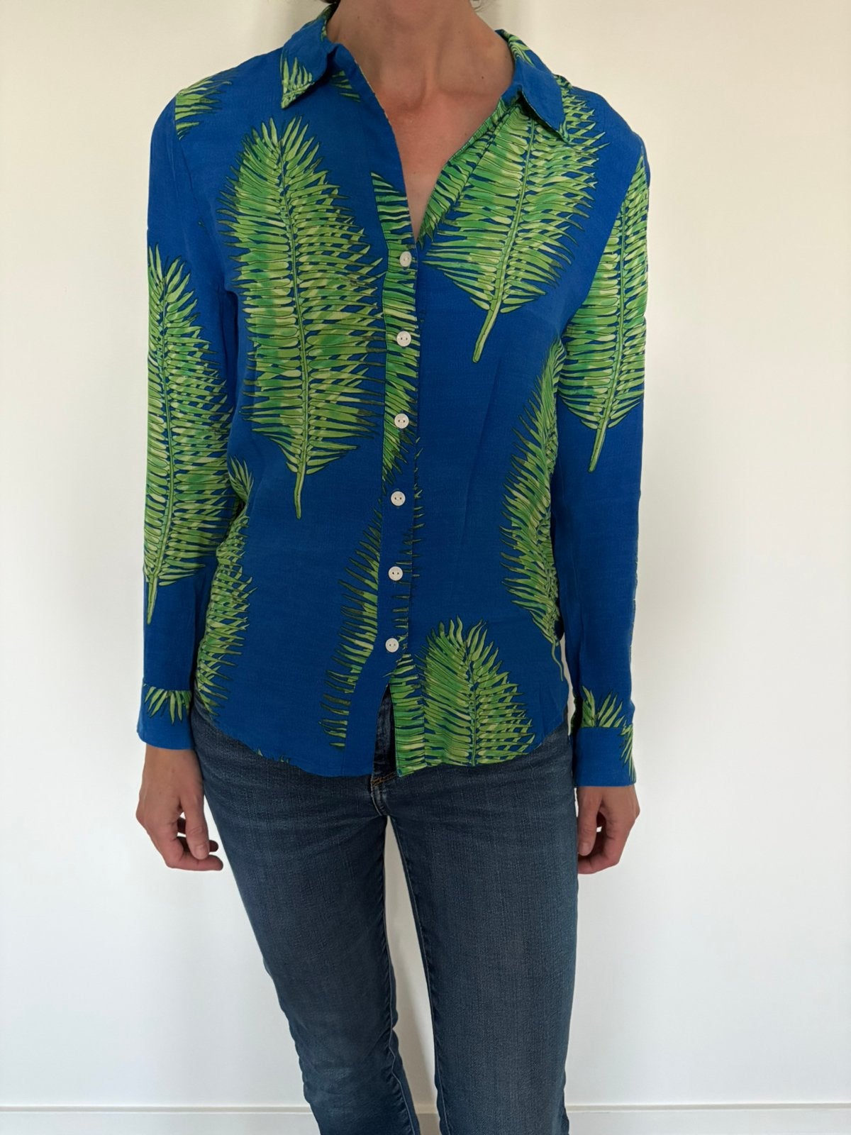 Fabienne Chapot Lily blouse XS – blauw groen palmprint, Ophalen of Verzenden, Zo goed als nieuw, Maat 34 (XS) of kleiner, Blauw