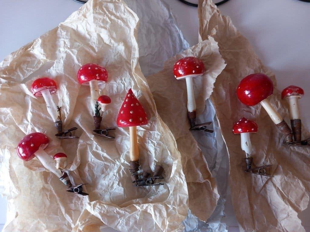Vintage kerstballen paddestoelen, Diversen, Kerst, Gebruikt, Ophalen