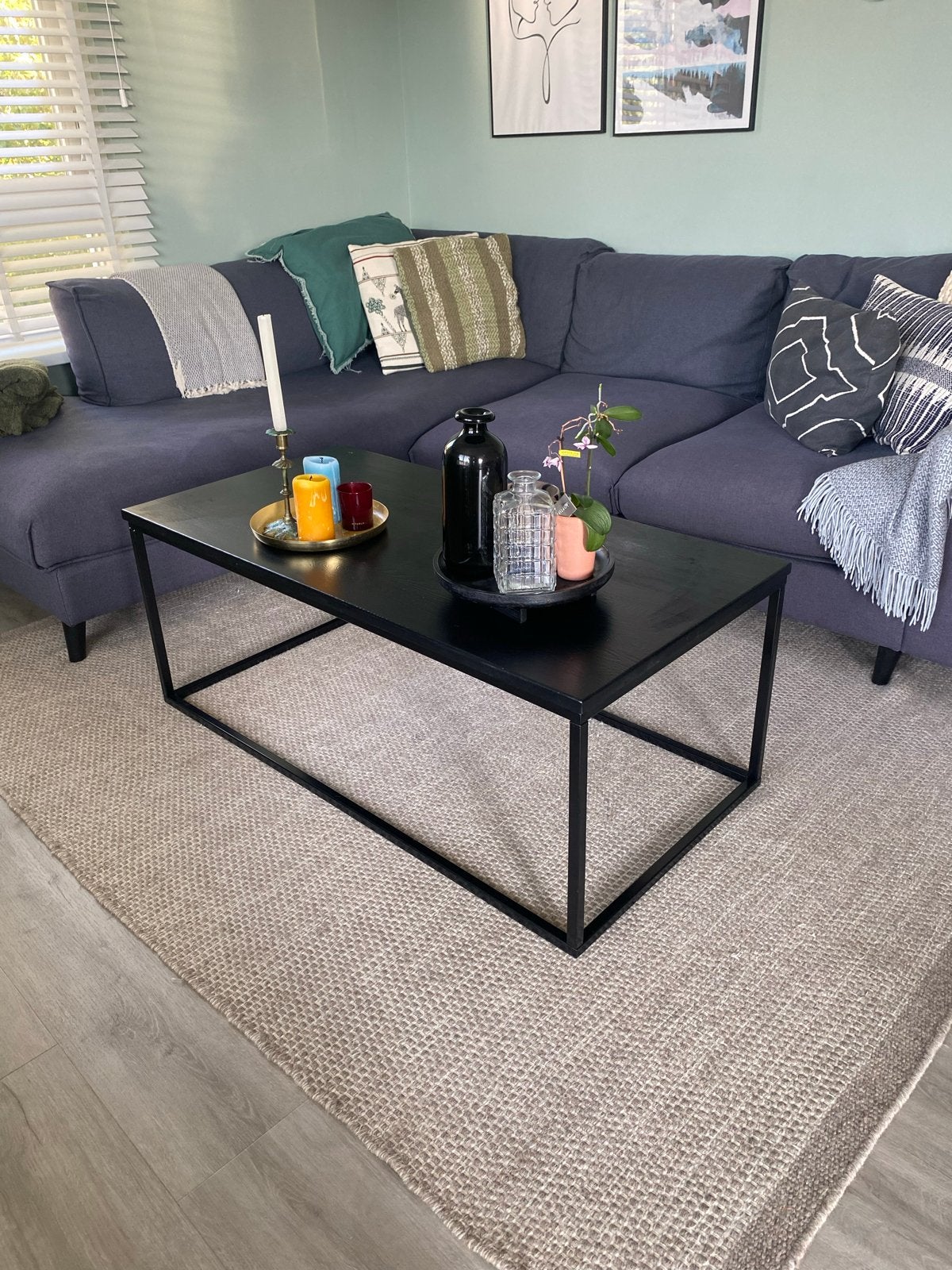Set: Zwarte salontafel met metalen frame en TV- meubel, Ophalen, 100 tot 150 cm, 50 tot 100 cm, Zo goed als nieuw