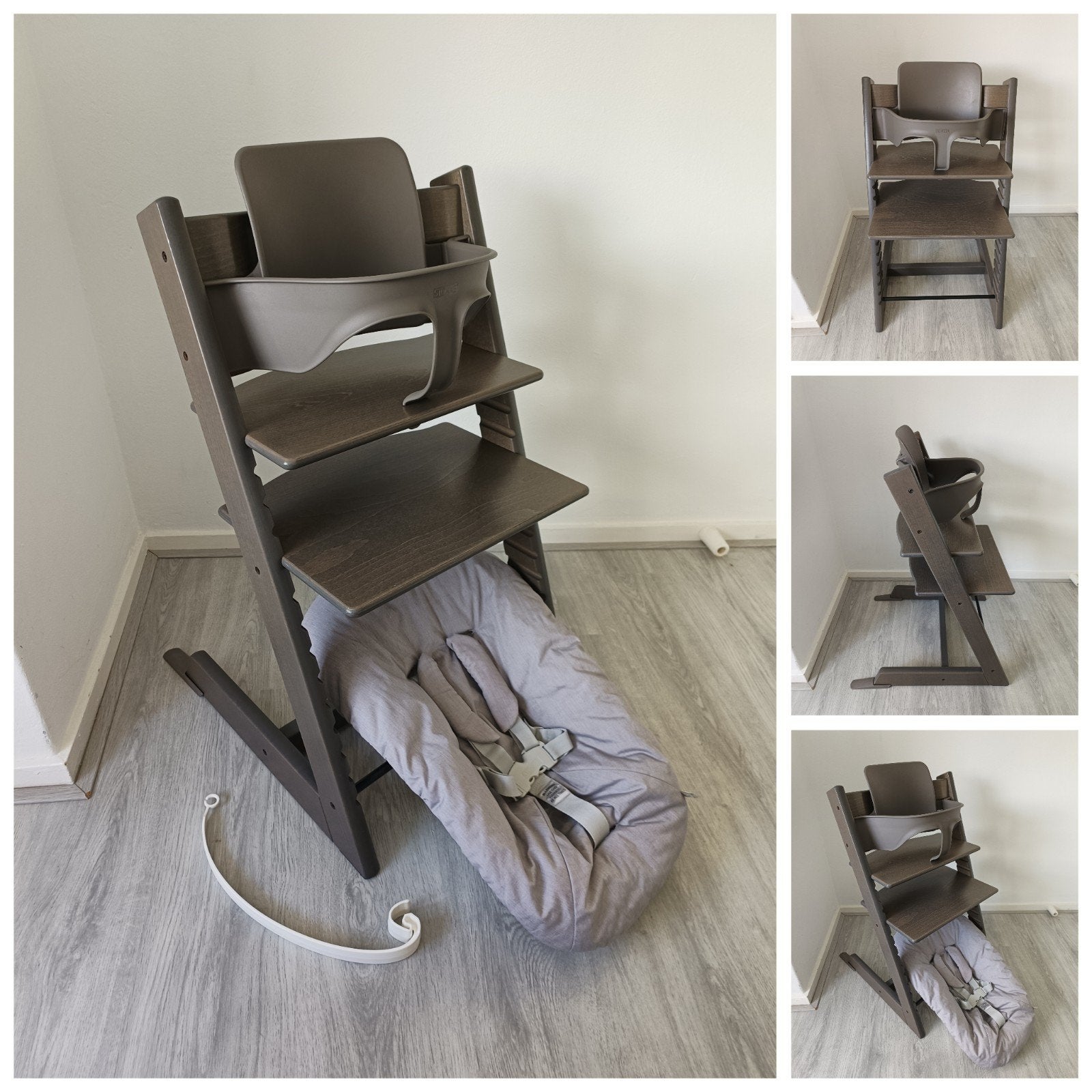 ZGAN! Stokke Tripp Trapp hazy grey+babyset,2 standen newborn, Kinderen en Baby's, Meegroeistoel, Ophalen of Verzenden, Zo goed als nieuw