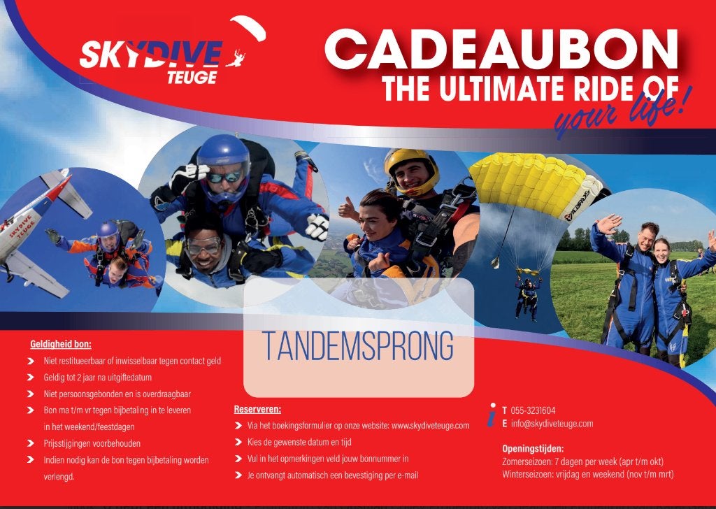 Cadeaubon Skydive Teuge t.w.v. €275 – Apeldoorn, Eén persoon, Cadeaubon