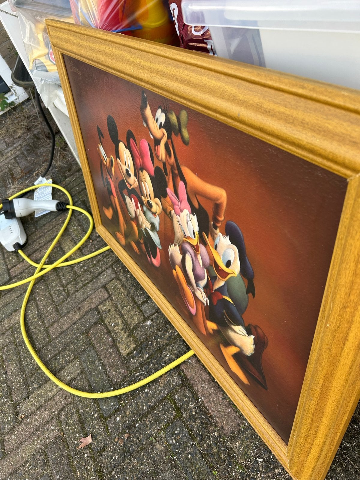 Disney Schilderij met Mickey, Minnie, Goofy, Donald en Katri, 50 – 75, Gebruikt, Oorspronkelijke maker, Ophalen of Verzenden
