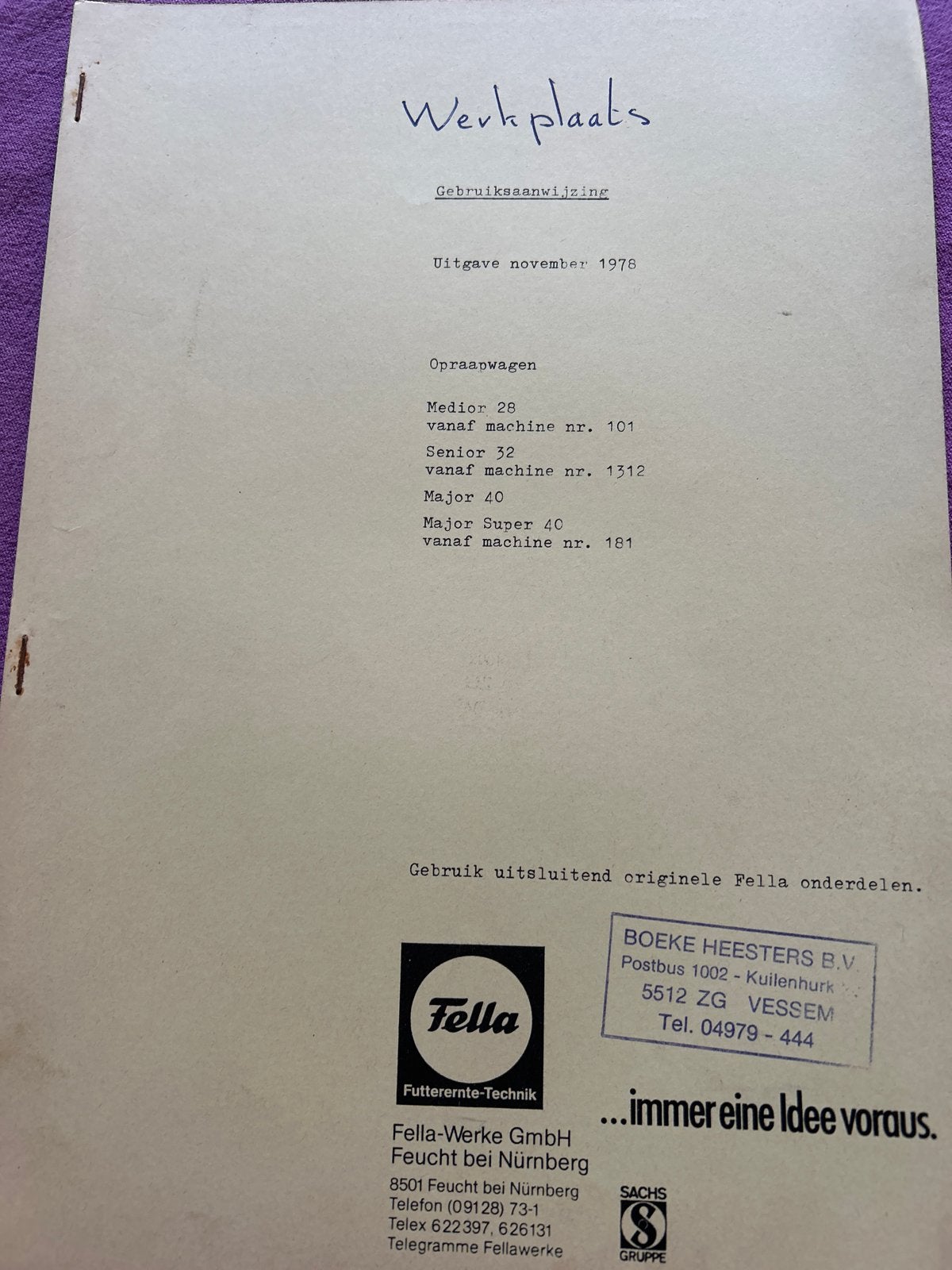 Fella Werkplaatshandboek Opraapwagen (1978), Ophalen of Verzenden, Gelezen