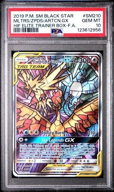PSA 10 Moltres Zapdos Articuno GX SM210 Promo 2019 Pokémon, Ophalen of Verzenden, Nieuw, Losse kaart, Foil