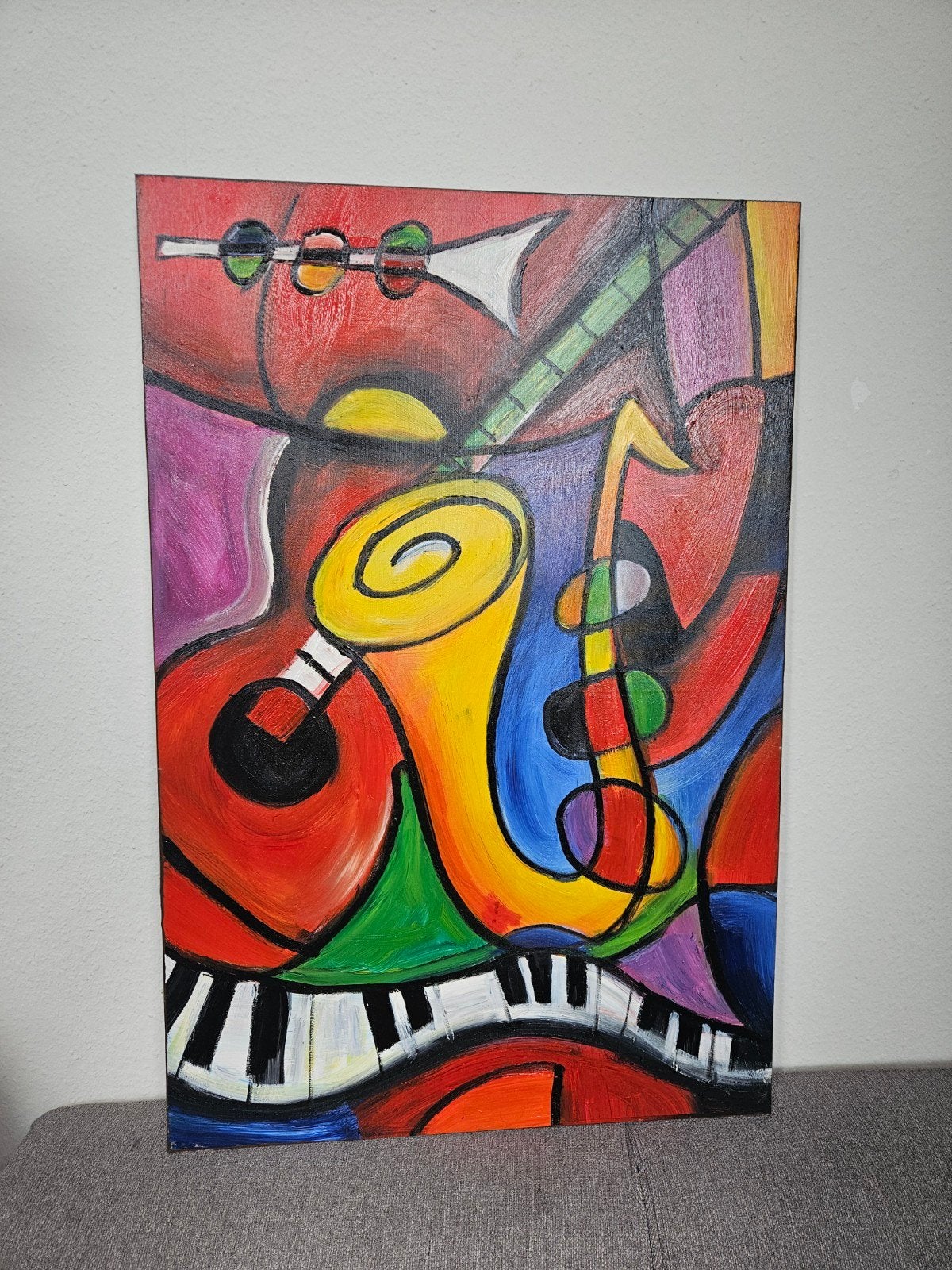 Abstract Schilderij Muziekinstrumenten Kleurrijk Canvas, Antiek en Kunst, Ophalen