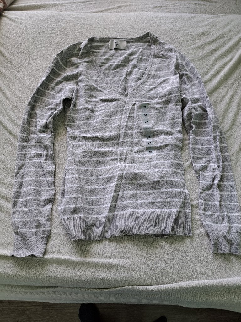 longsleeve grijs met wit streep met v hals maat s, Ophalen of Verzenden, Zo goed als nieuw, Lange mouw, Maat 36 (S)