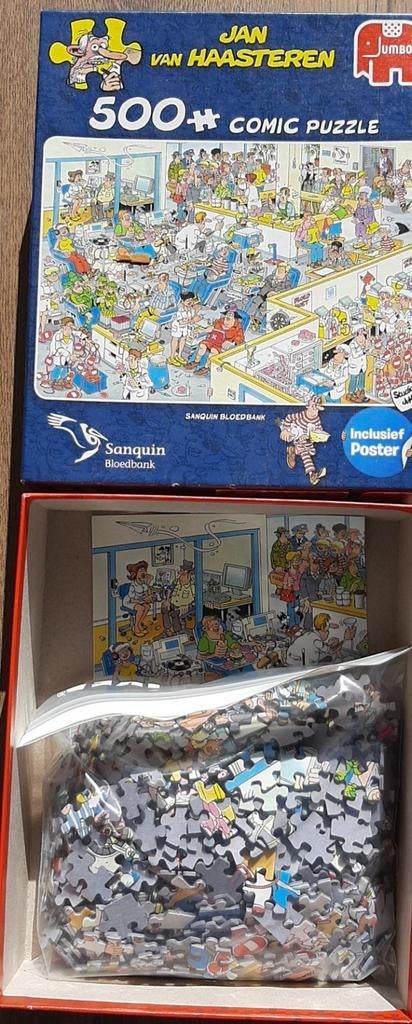 Jan van Haasteren Sanquin Bloedbank 500+ stukjes, Ophalen of Verzenden, 500 t/m 1500 stukjes, Gebruikt, Legpuzzel