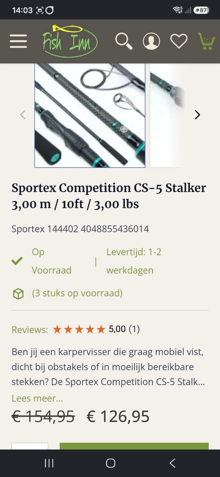 Sportex Competition CS-5 Stalker 10ft 3.00lb (3 stuks), Ophalen of Verzenden, Zo goed als nieuw, Werphengel