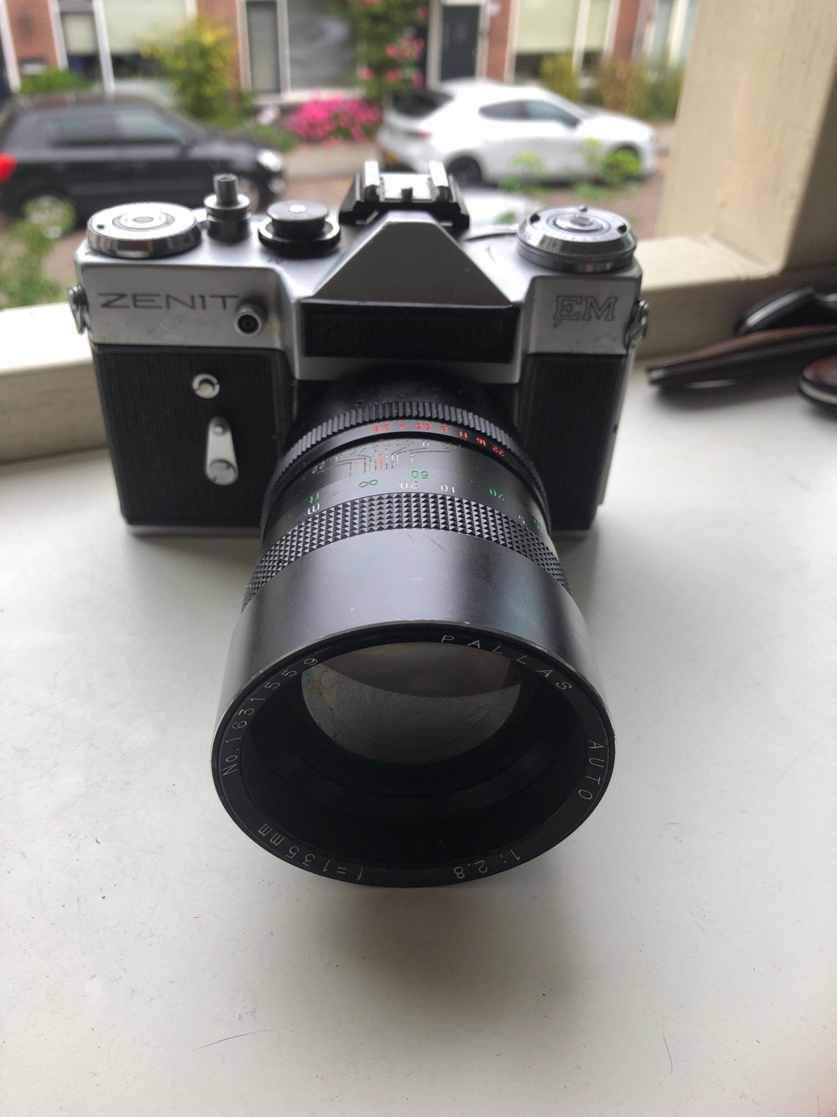 Zenit EM Spiegelreflexcamera met Pallas Auto 1:2.8 f=135mm l, Ophalen of Verzenden, Gebruikt, Spiegelreflex, Overige Merken