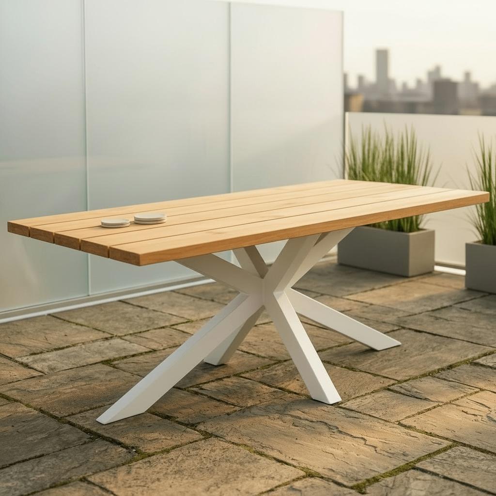 Massief Douglas Houten Tuintafel – Met Stalen Matrix Poot, Ophalen of Verzenden, Nieuw, Rechthoekig, Hout