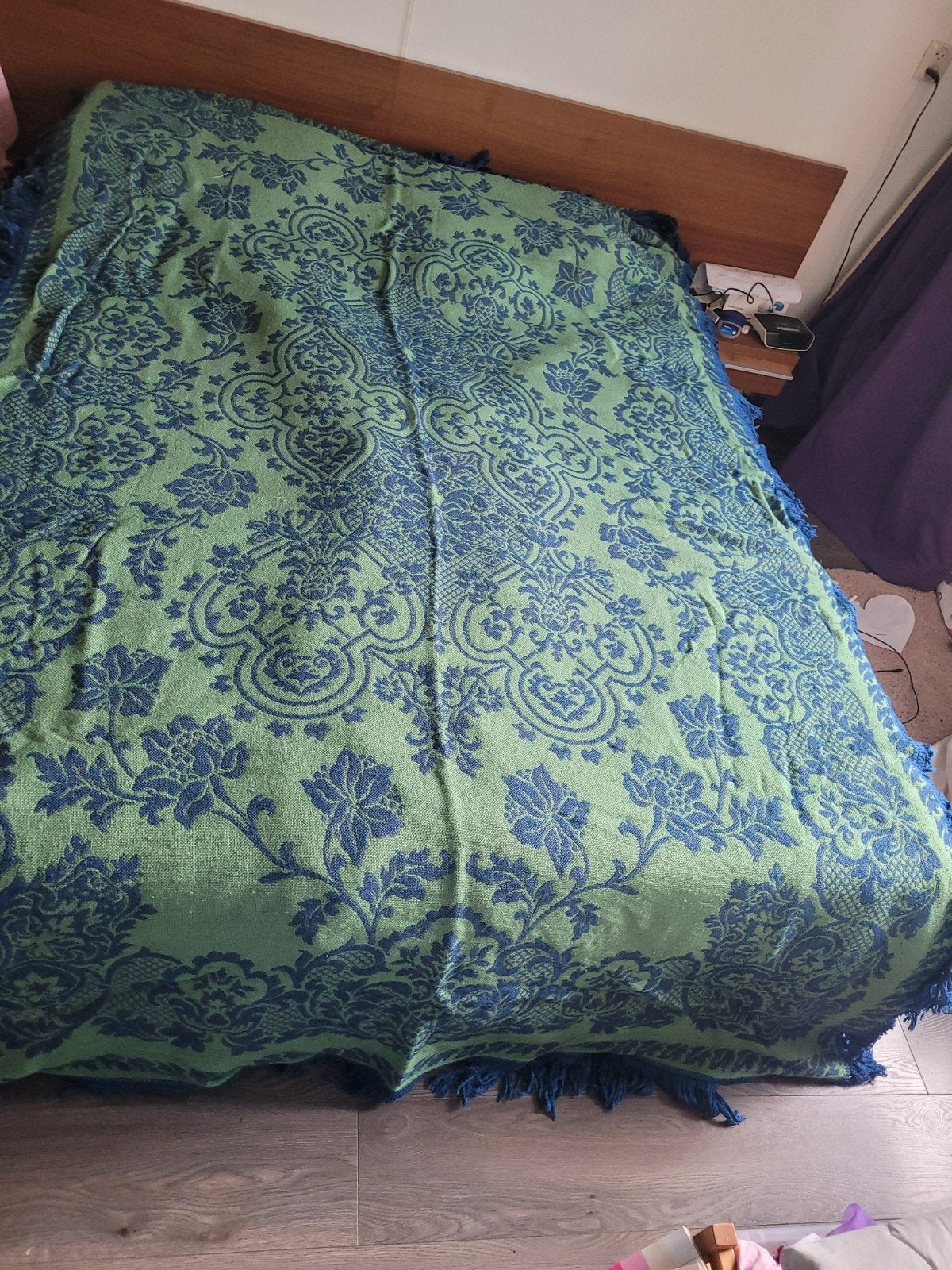 Vintage geweven sprei / plaid blauw-groen – klassiek jacquar, Gebruikt, Meerkleurig, Overige materialen, Tweepersoons