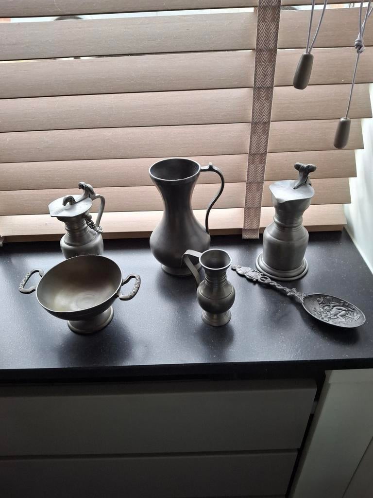 Antiek Tinnen kannen, schaaltje en lepel., Ophalen of Verzenden