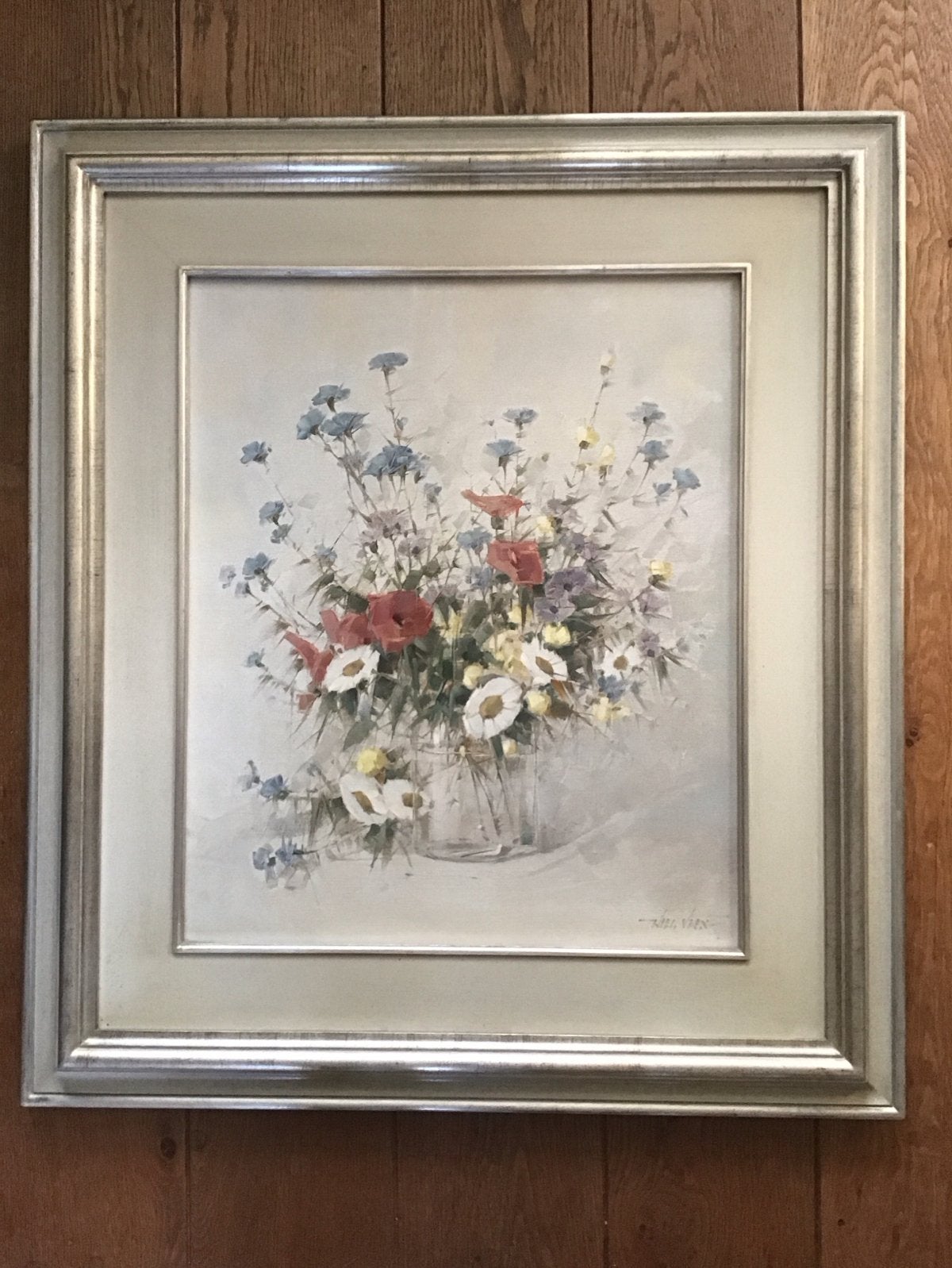 Schilderij met bloemen in vaas, gesigneerd, Doek, Realistisch, Gesigneerd, Olieverf