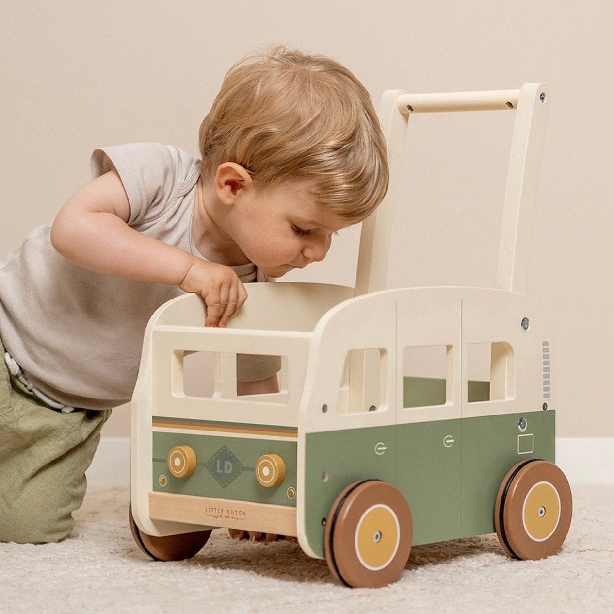 Little Dutch Houten Loopwagen - Groen/Beige, Ophalen, Zo goed als nieuw, Auto, Met wieltjes