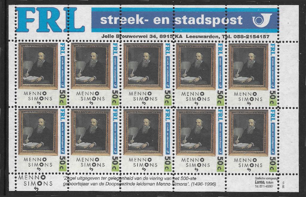 Stadspost Leeuwarden 1995 Menno Simons velletje pf, Ophalen of Verzenden, Na 1940, Postfris