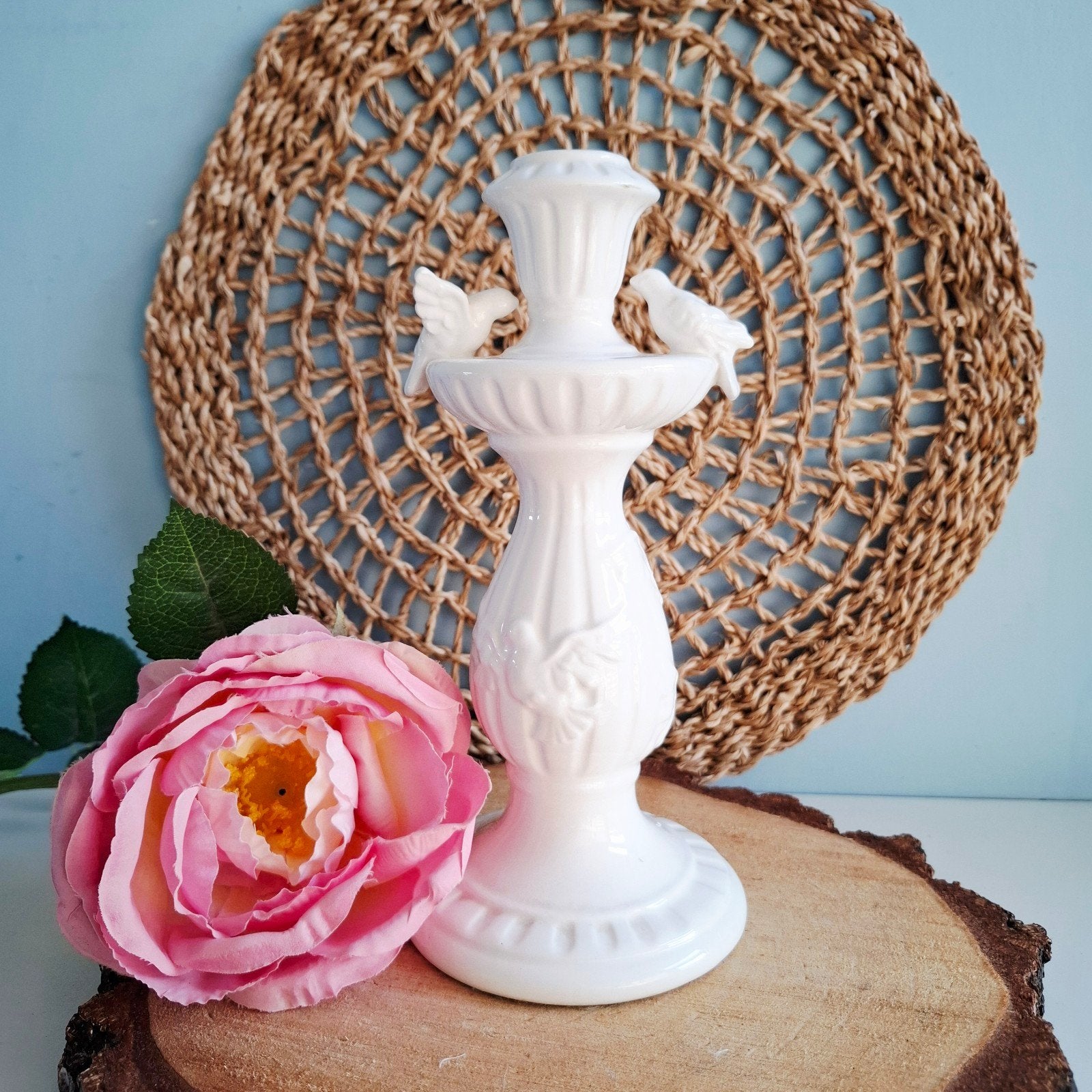 Vintage witte kandelaar met duiven, Ophalen of Verzenden, Keramiek of Aardewerk