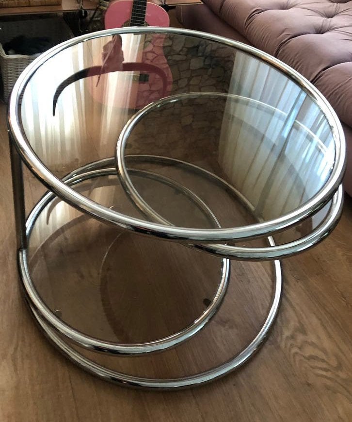 Chroom Milo Baughman Swivel salontafel by Morex Italy ‘71, Ophalen, 50 – 75, Gebruikt, Rond