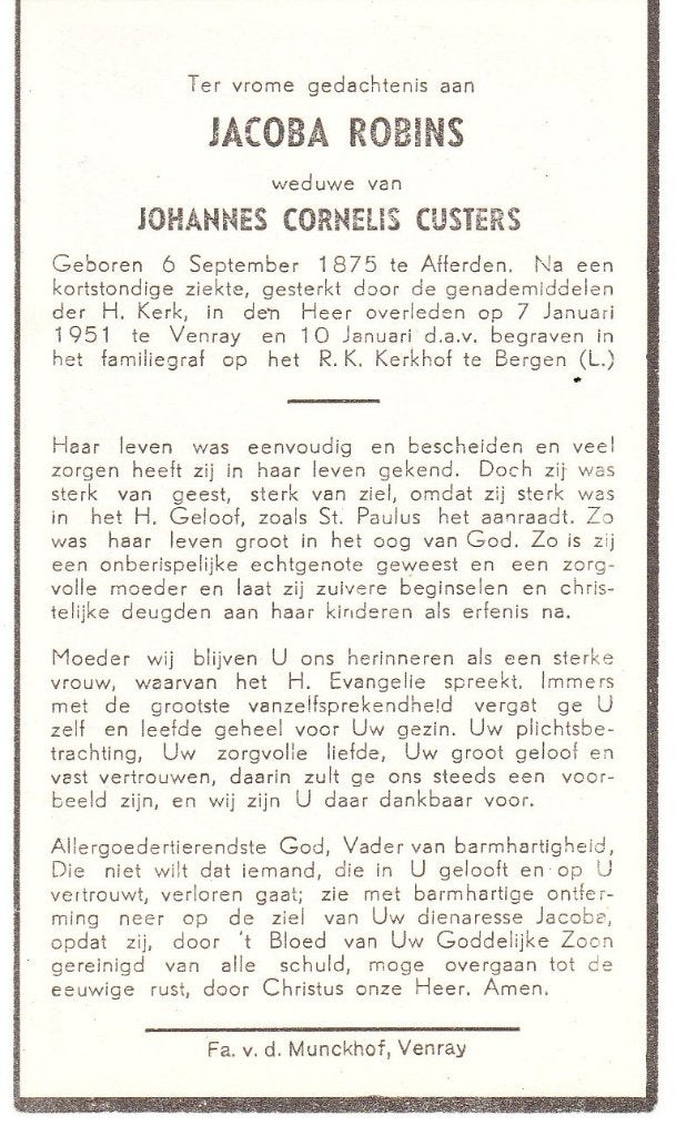 Afferden 1875 - Venray 1951 Jacoba Robins, Ophalen of Verzenden, Bidprentje