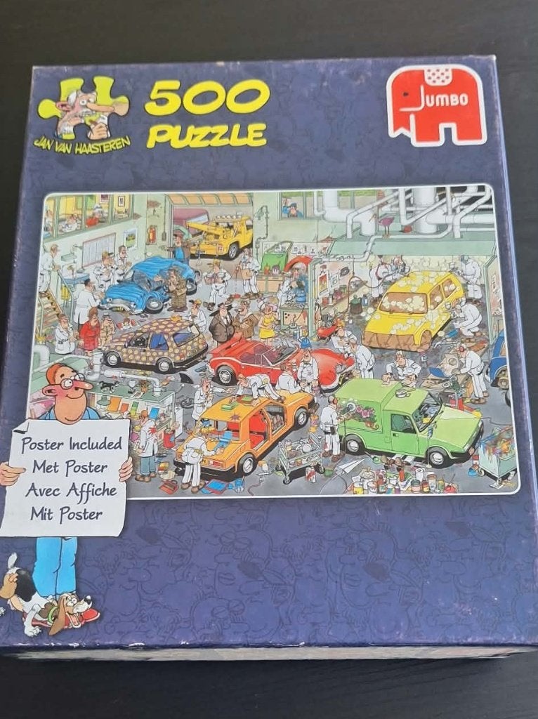 Jan van Haasteren, in de autospuiterij, Ophalen of Verzenden, 500 t/m 1500 stukjes, Gebruikt, Legpuzzel