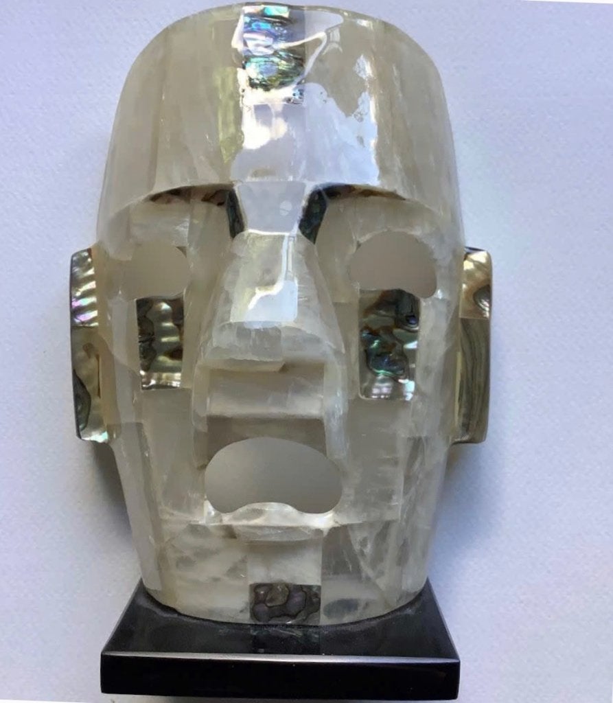 Kunst dodenmasker beeld Calciet parelmoer 634 gr. ceremonie, Ophalen of Verzenden
