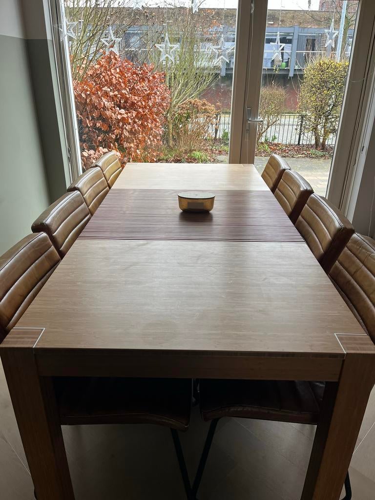 Bamboe Houten Eettafel met robuuste Poten uitschuifbaar, Ophalen, Gebruikt, 4 tot 6 stoelen
