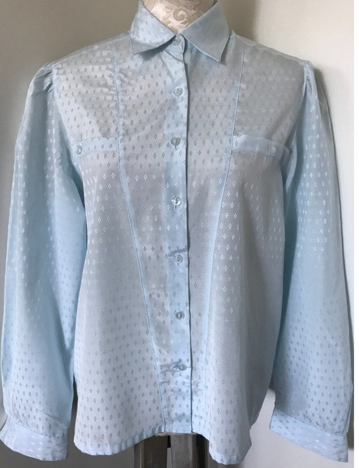 Vintage Lichtblauwe Blouse, Ophalen of Verzenden, Zo goed als nieuw, Maat 38/40 (M), Blauw