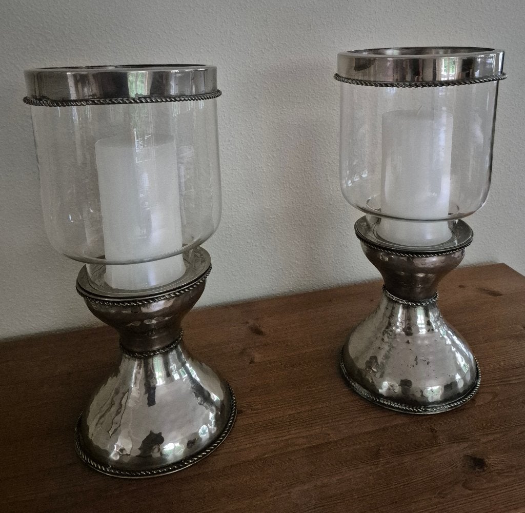 twee glazen windlichten met zilverkleurige voet, Ophalen, Windlicht, Gebruikt, Overige merken
